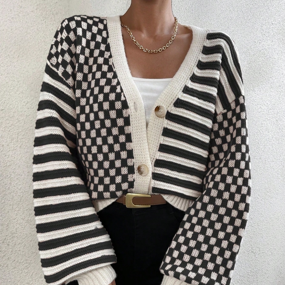 Striped & Checker Pattern Lantern Sleeve Drop Shoulder Cardigan - Picture 2 of 5